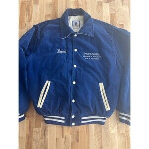 70 s Rennoc Corduroy Bomber Work Coat Embroidered David Big Island Mine Blue L